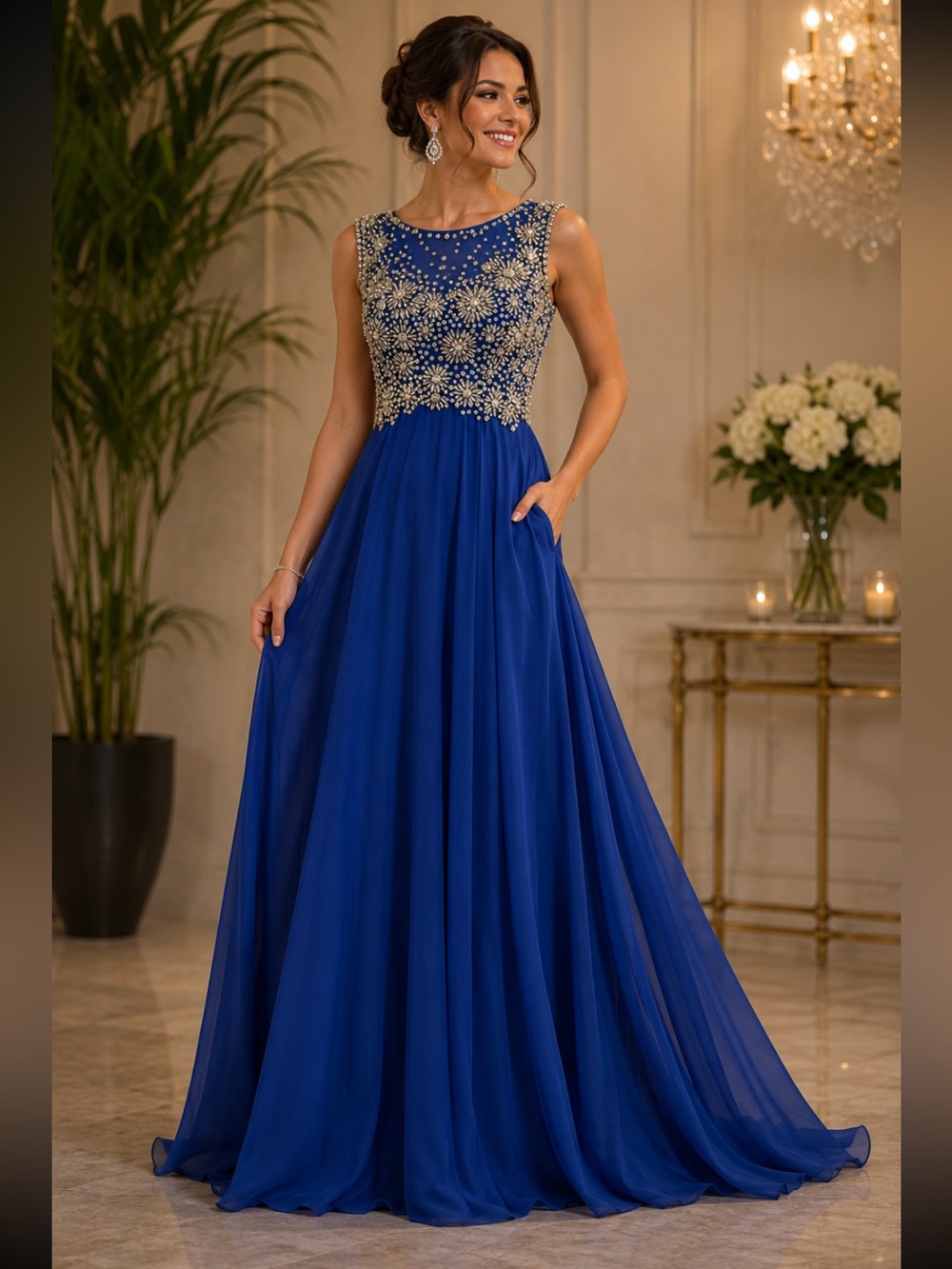 Montana by Mon Cheri beaded fit and flare long gown